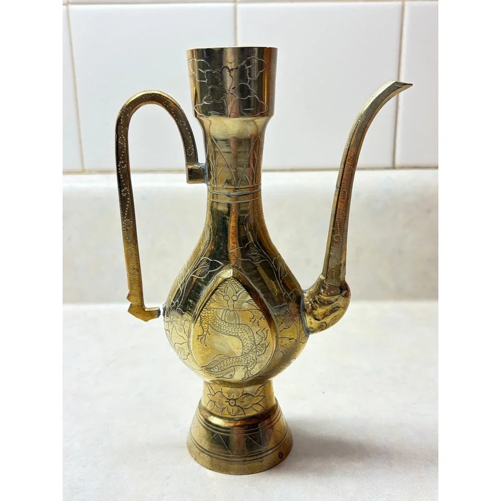 Vintage Etched Brass Ewer Pitcher Dragon Floral Design Decorative Accent FLAW 7" - Picture 2 of 12
